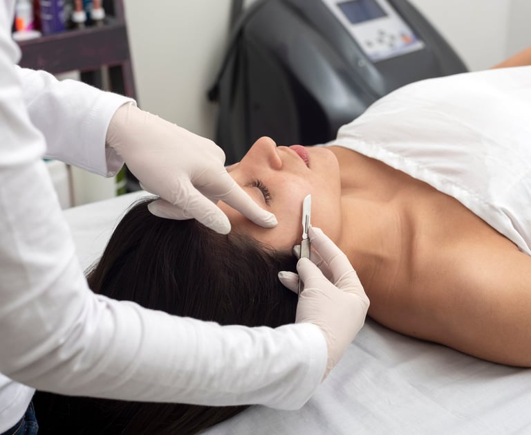 Profession esthetician performing dermaplaning treatment to client