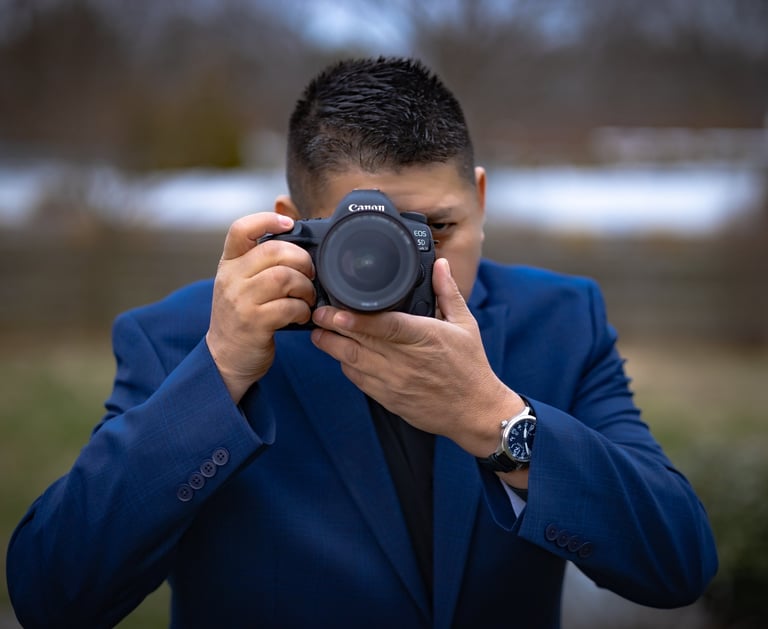 a man in a suit and a watch on his camera