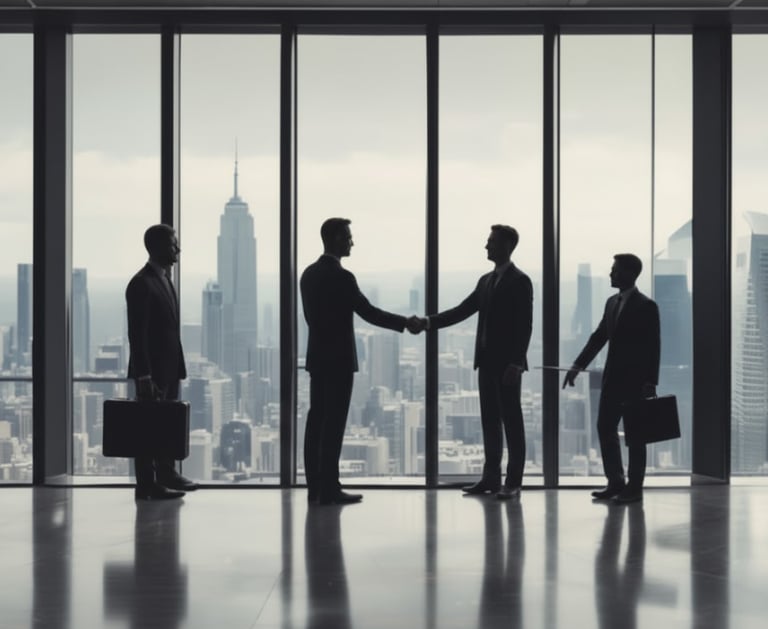 a group of business people shaking hands in a skyscraper office
