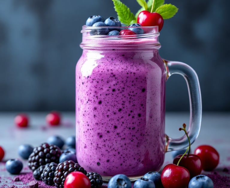 Purple smoothie with berries in a mason jar