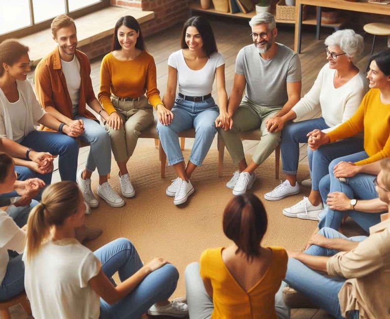un grupo de personas formando un circulo y practican técnicas de transformación personal con Svitlana Bytka