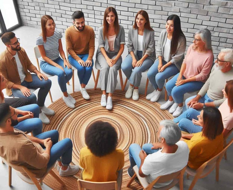 a group of people sitting around a circle of chairs