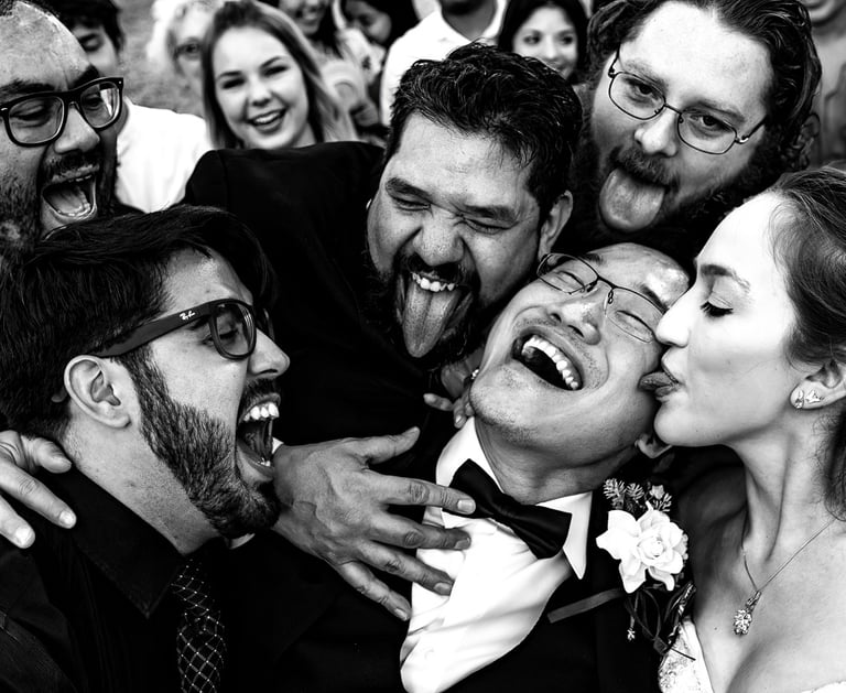 Fun bridal Party image of the groom and bride by Katy Rox Photography
