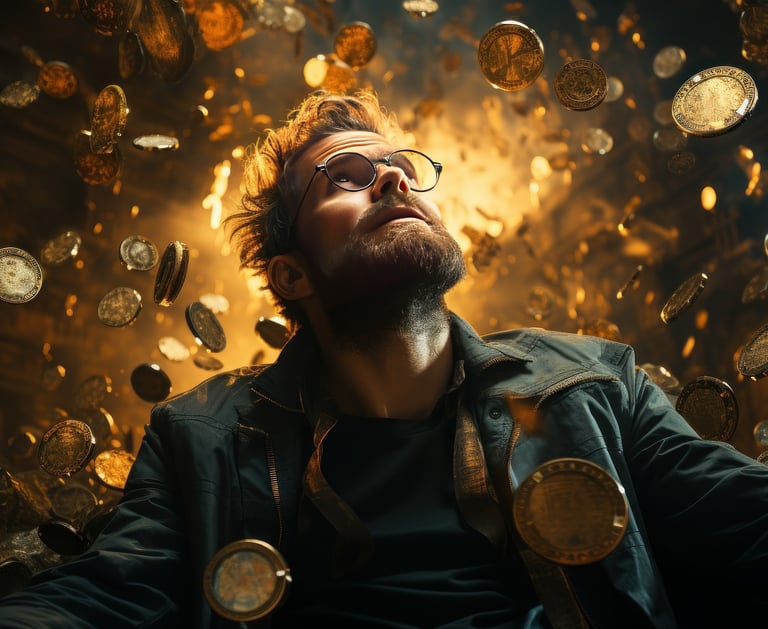 Homem de barba e óculos olhando para o alto, com moedas de ouro caindo ao fundo.