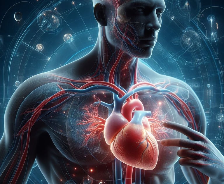 Homem com coração visível em terceira dimensão, mostrando batimentos e conexões com o corpo.