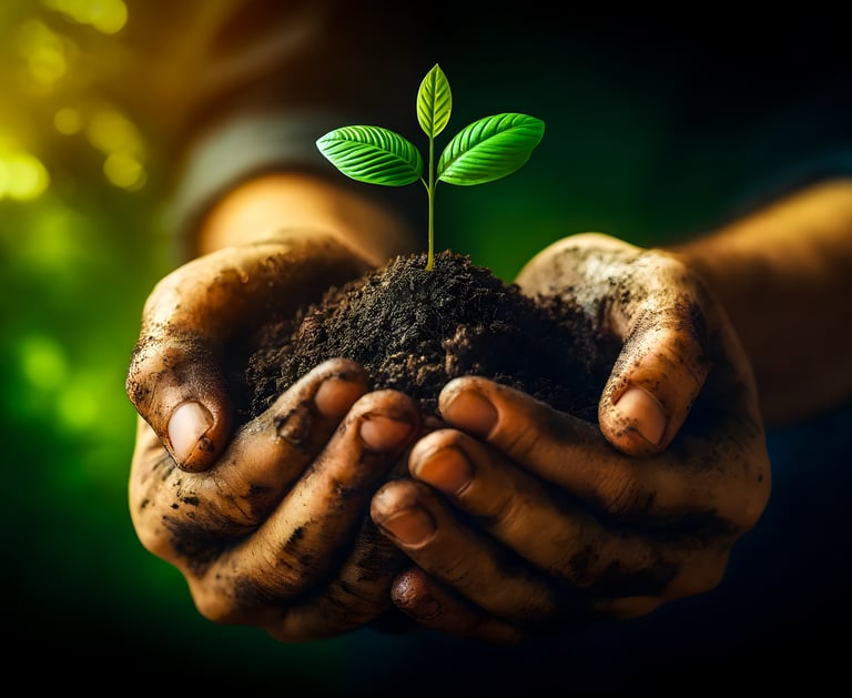 Person holding a plant in their hands, symbolizing growth and development.