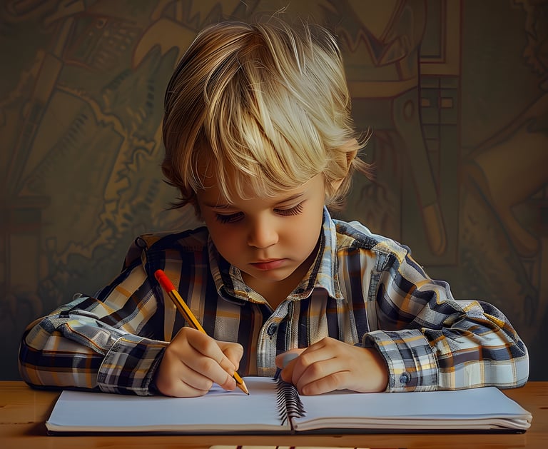Young boy doing homework, symbolizing learning and education