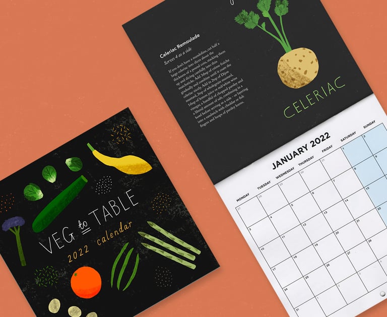 Seasonal eating calendar mocked up on an orange background.