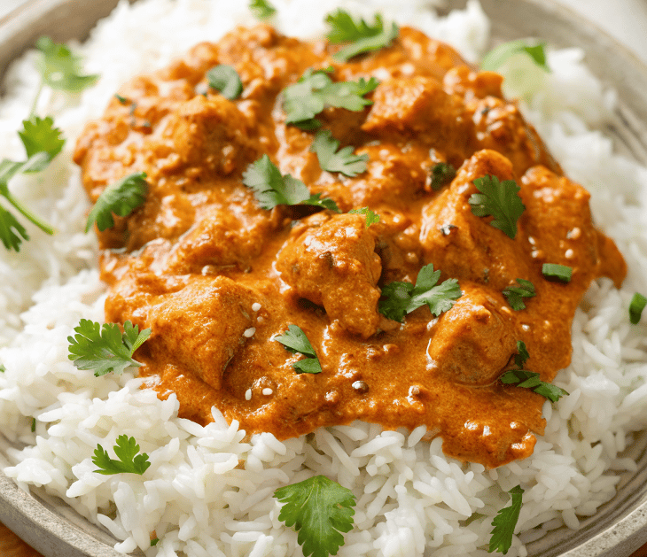 butter chicken and rice on plate