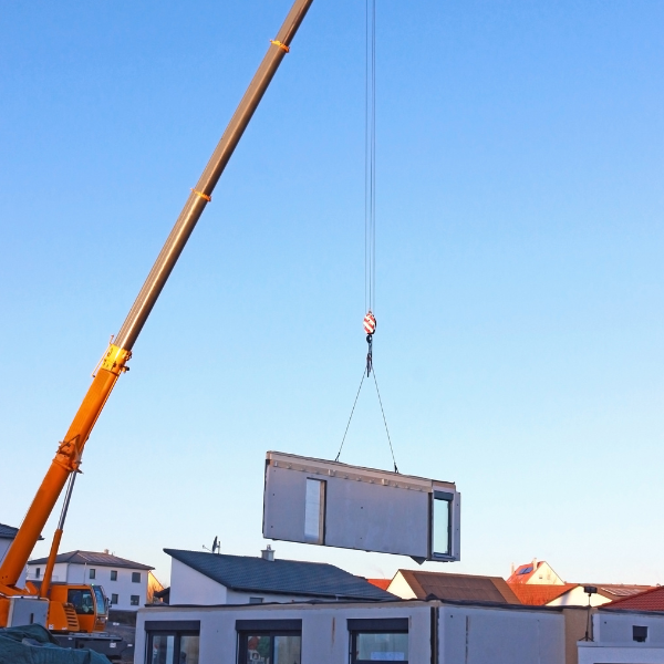 a crane is lifting a house into the air