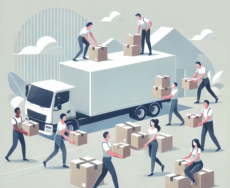 a group of people moving boxes and moving boxes