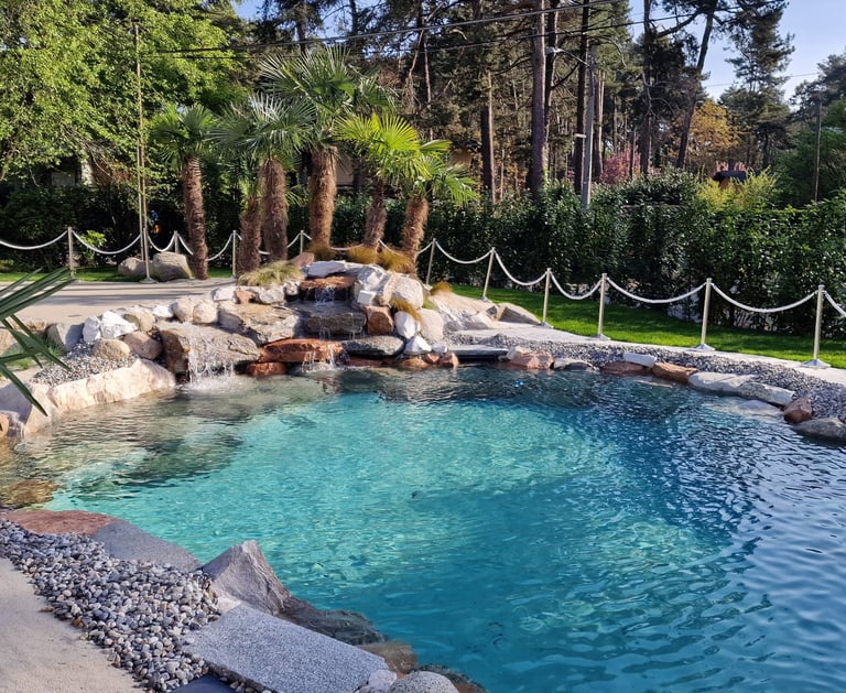 piscina naturale con rocce, cascata e palme 