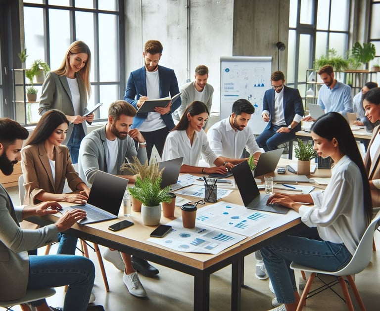 a group of people sitting around a table with laptops