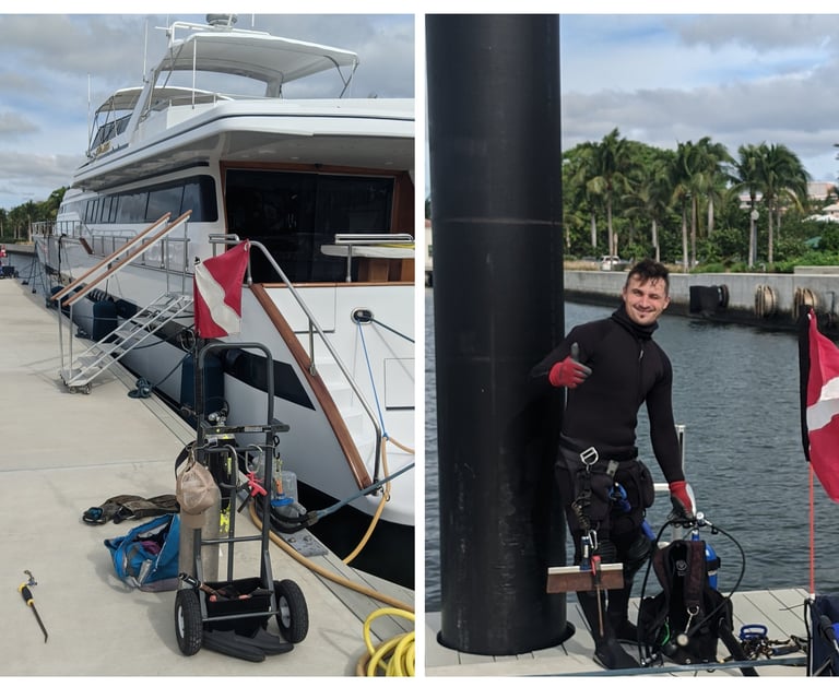Diver perfoming underwater hull cleaning on a yacht in Palm Beach marina