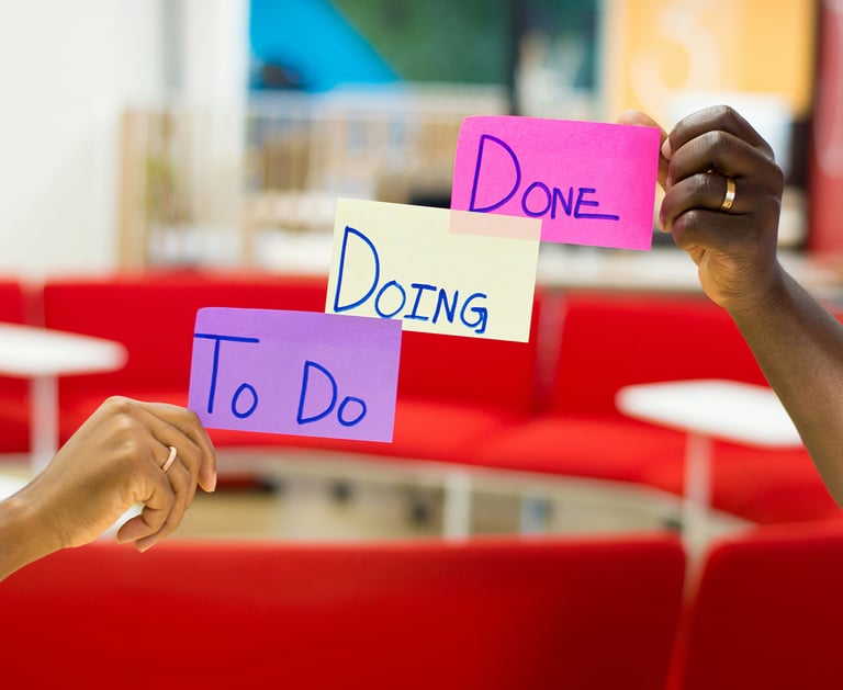 two people holding up signs that say to do, doing, done
