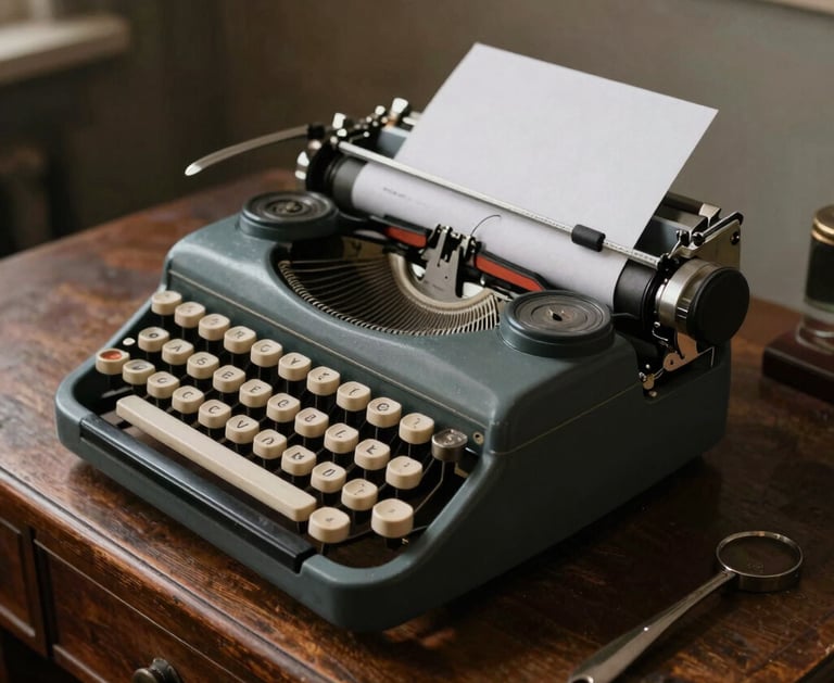 Vintage teal manual typewriter with a blank white sheet of paper on a rustic wooden desk.