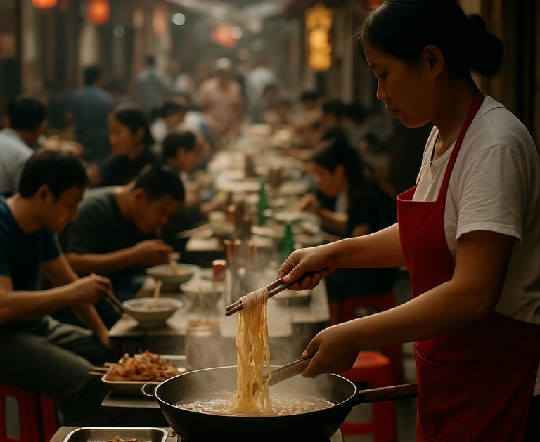 AI-generated illustration of a vibrant Chinese street food market, symbolizing cross-cultural culina