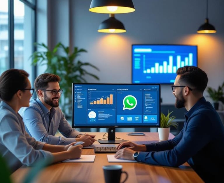 a group of people sitting at a table with a laptop and a computer monitor