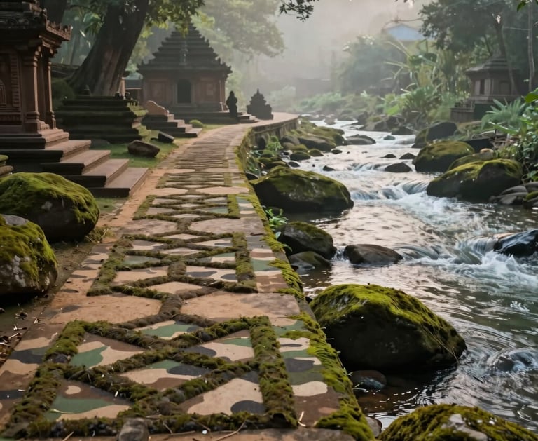 A detailed, professional photograph capturing a serene outdoor meditation setting tailored for a Global / South Asian spiritual audience. A stone-paved path featuring disciplined, organic geometric patterns resembling military camouflage weaves alongside a flowing, crystal-clear river. In the background, ancient temple structures are partially visible through soft morning mist. The color scheme is dominated by deep olive green foliage, medium olive green mossy rocks, muted brown wood, warm sand pathways, and light cream water spray, under a soft light that creates a deeply transcendent, contemplative atmosphere.