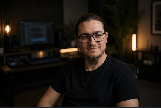 A male music producer with glasses sitting in a dark professional home recording studio.