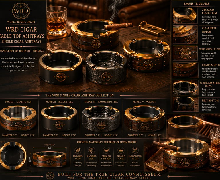 A collection of luxury WRD cigar ashtrays featuring handcrafted reclaimed wood, 24K gold plated rims, and stainless steel
