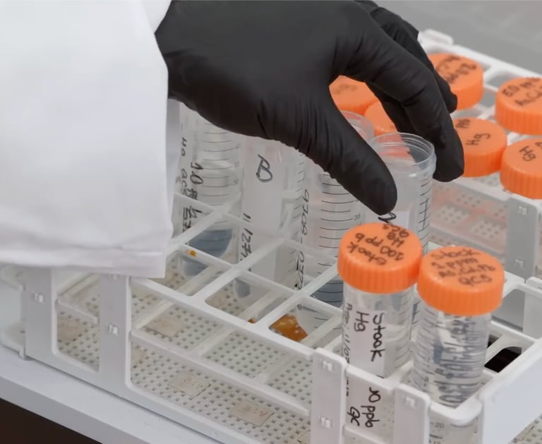 Scientist organizing chemical samples in test tubes within a laboratory rack in gummy factory