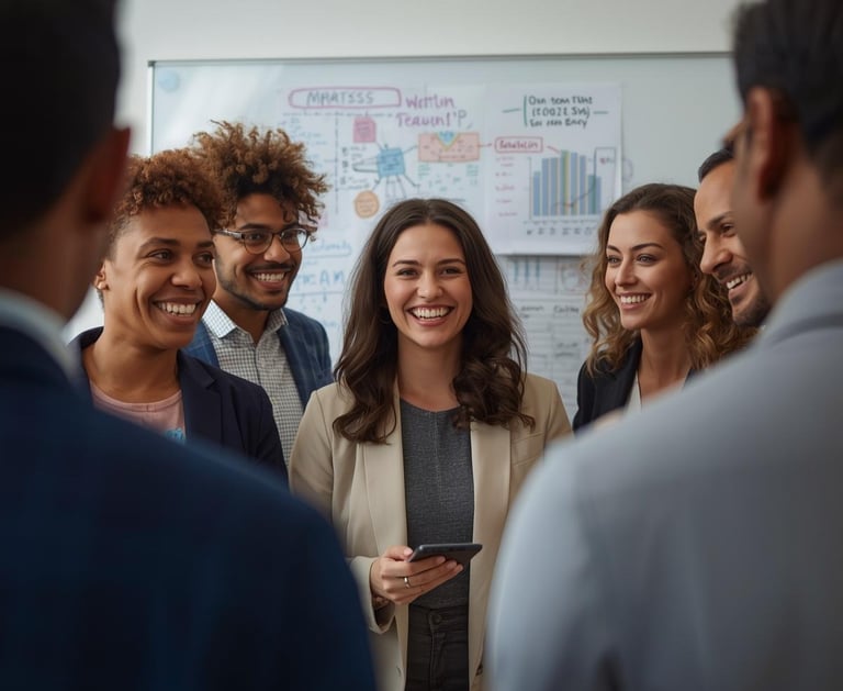 group of professional people in front of a whiteboard