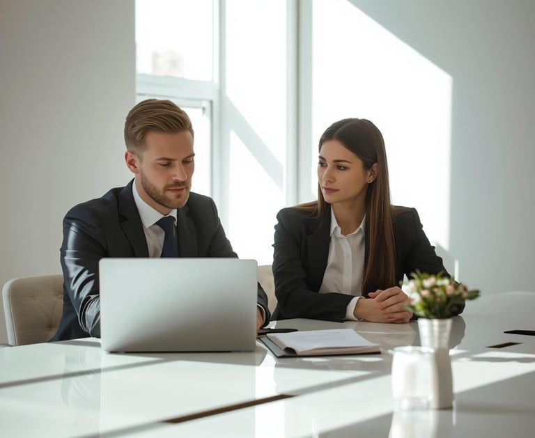man and woman at a laptop with notebook