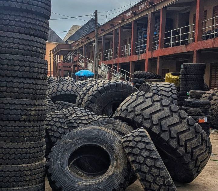 stack of bulldozer tyres sold at the tyrepublic tyre shop in Lagos nigeria