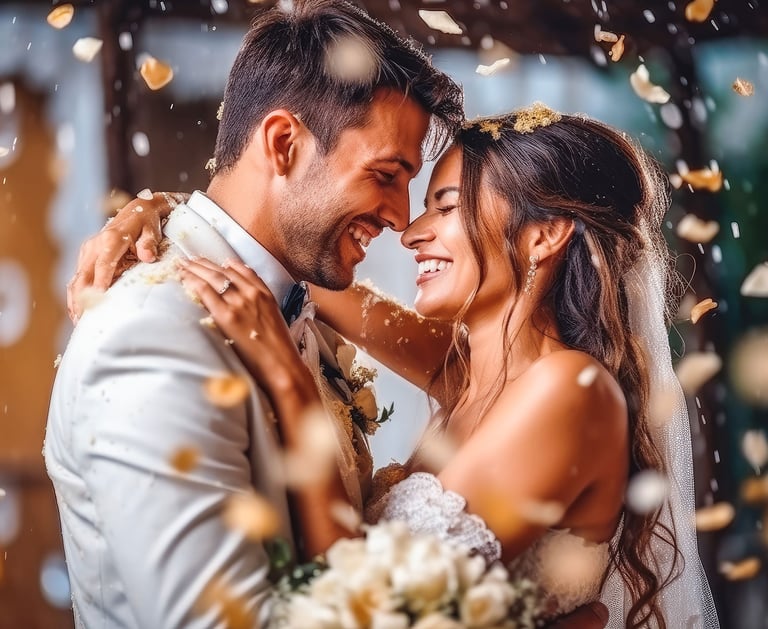 a bride and groom standing in front of a wedding party