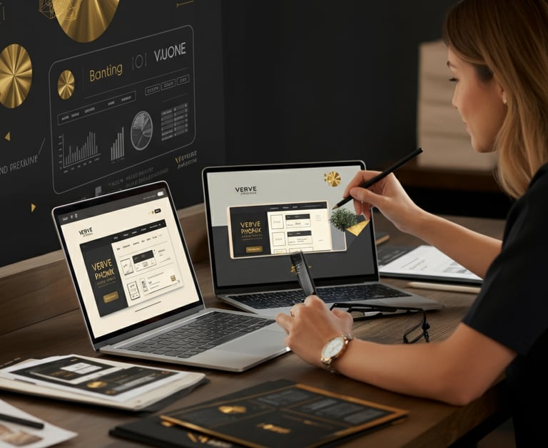 Verve Phoenix team collaborating on branding concepts and website prototypes with gold and black-themed materials