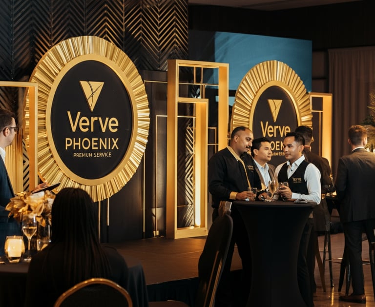 Verve Phoenix event with elegant gold-accented decor, a professional stage setup, and an engaged audience