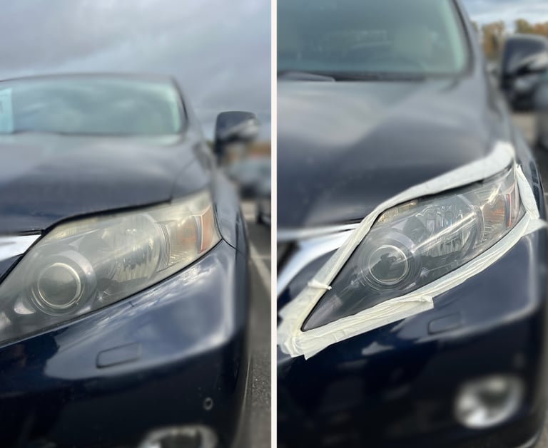 Automobilio žibintas prieš ir po poliravimo – aiškus skirtumas tarp matinio ir skaidraus paviršiaus 