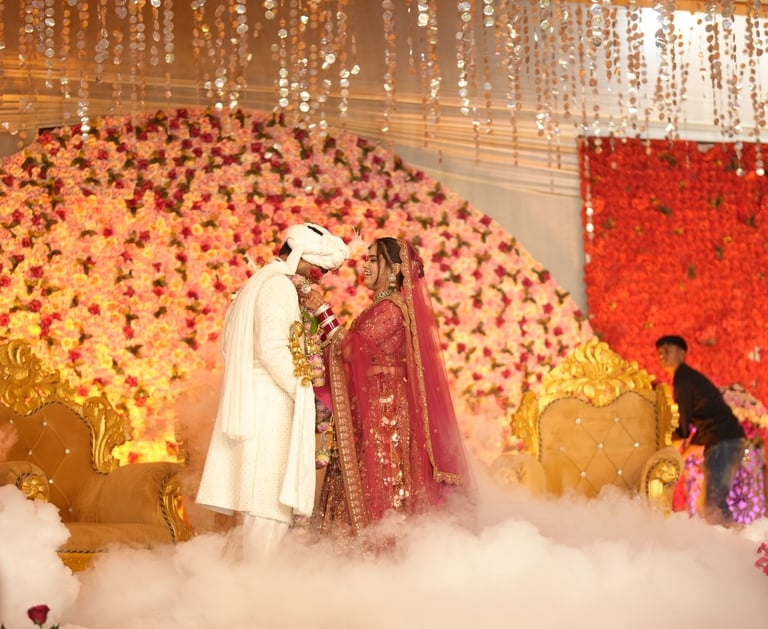 "Ring ceremony decoration with elegant backdrop and flowers"