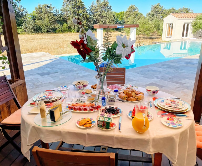 The grand, copious three-time breakfast with organic produce at Domaine Des Lucques