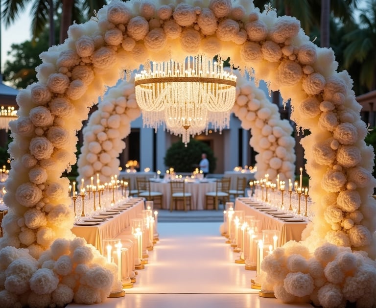 Breathtaking luxury event decor setup featuring elegant floral arches, golden accents, and premium table designs by Las Carol