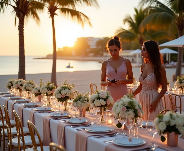 Elegant luxury event planning scene featuring acrylic tables, gold Chiavari chairs, white and blush floral arrangements, and