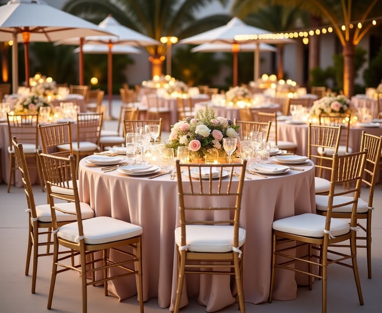 Elegant setup showcasing luxury furniture rentals, including gold Chiavari chairs and acrylic tables, for high-end events org