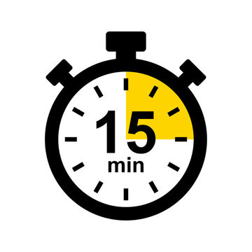 Black and yellow stopwatch icon showing a 15 minute timer countdown for quick tasks.