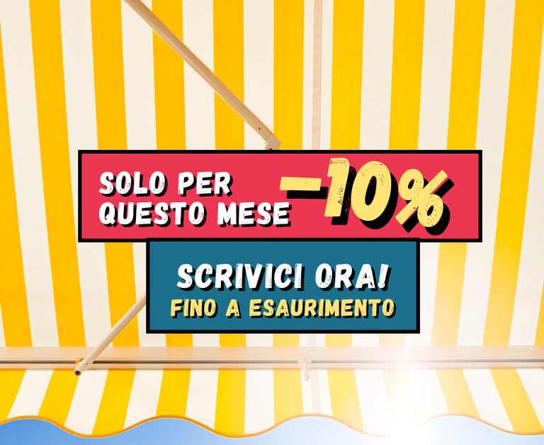 Grafica promozionale con scritta “Solo per questo mese -10%” su sfondo a righe gialle e bianche.