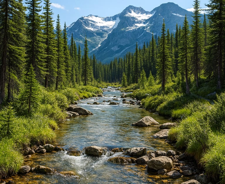 Mountain spring with clear flowing water, green vegetation, and snow-capped peaks under a blue sky