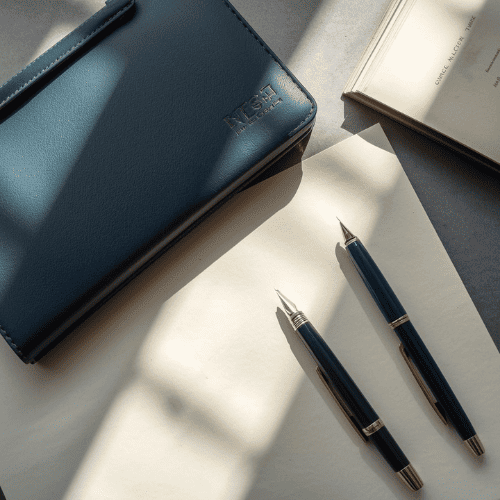 A blue leather notebook and two luxury fountain pens resting on paper in soft natural sunlight.