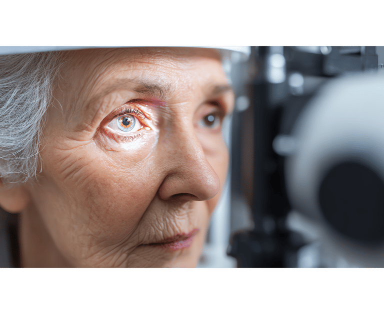 Elderly woman getting an eye exam with advanced technology