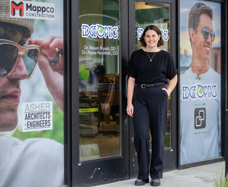 Photo of Dr. Alyssa Horstman, our Female Optometrist outside at our Loveland Office