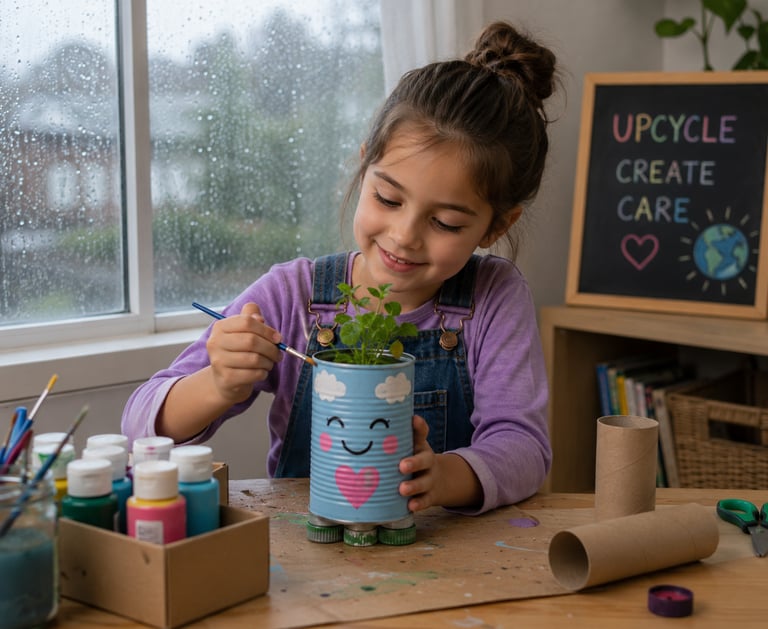 A child doing an upcycle craft project on a rainy day. 