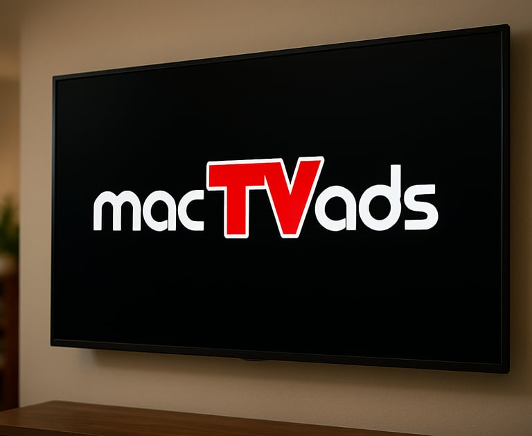 the image portrays a TV installed to a wall with the words, "macTVads" shown on it