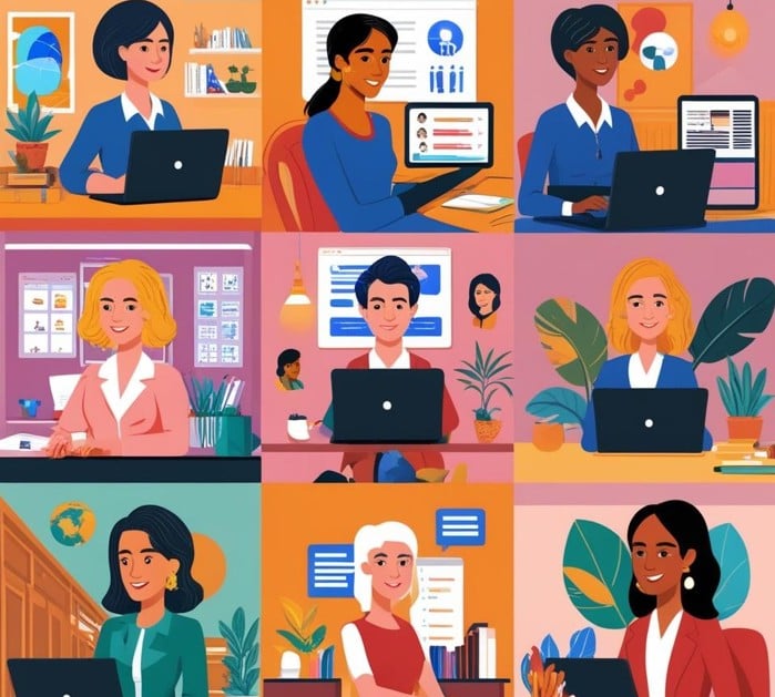 Diverse professional women working on laptops in colorful home office settings.
