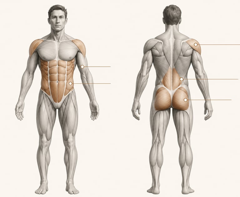 Diagramme anatomique du corps humain mettant en évidence les muscles travaillés par l'exercice de gainage