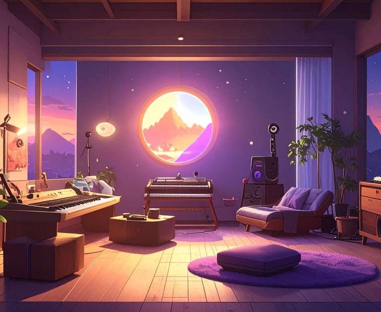 Warm music studio at sunset — synthesizers, speakers and ambient lighting.