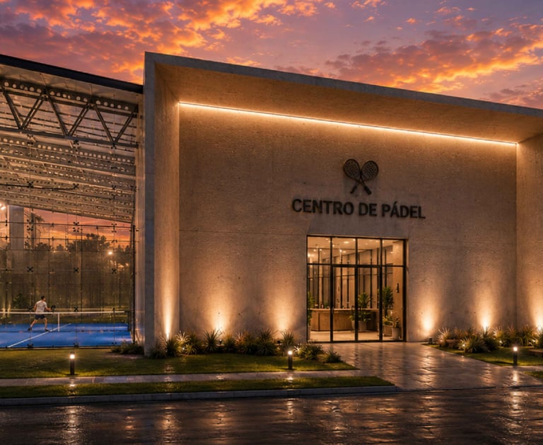 Modernas instalaciones del Centro de Pádel con pistas acristaladas y atletas jugando al atardecer.